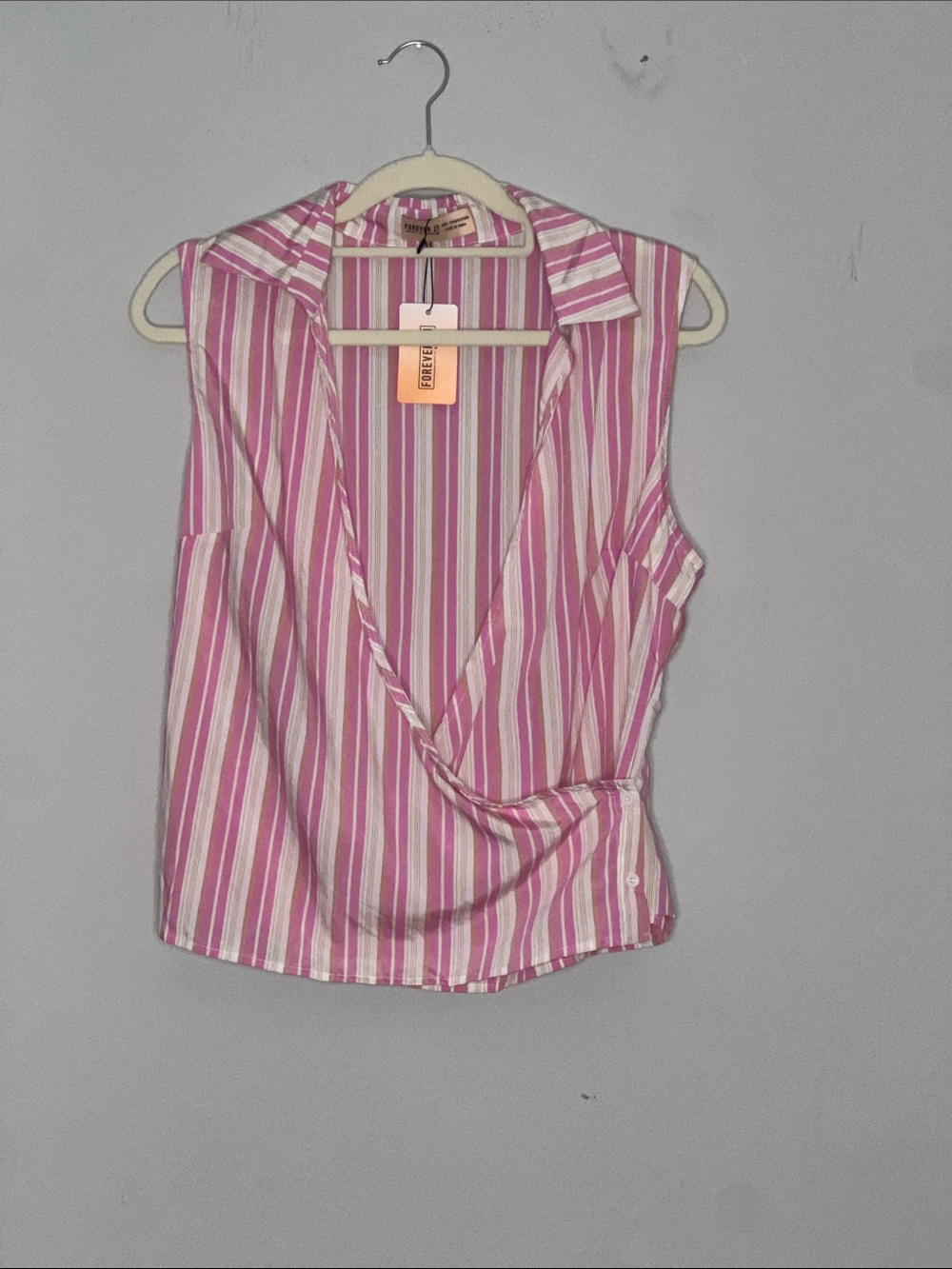 Forever 21 Pink and White Striped Sleeveless Two Way Wrap Blouse